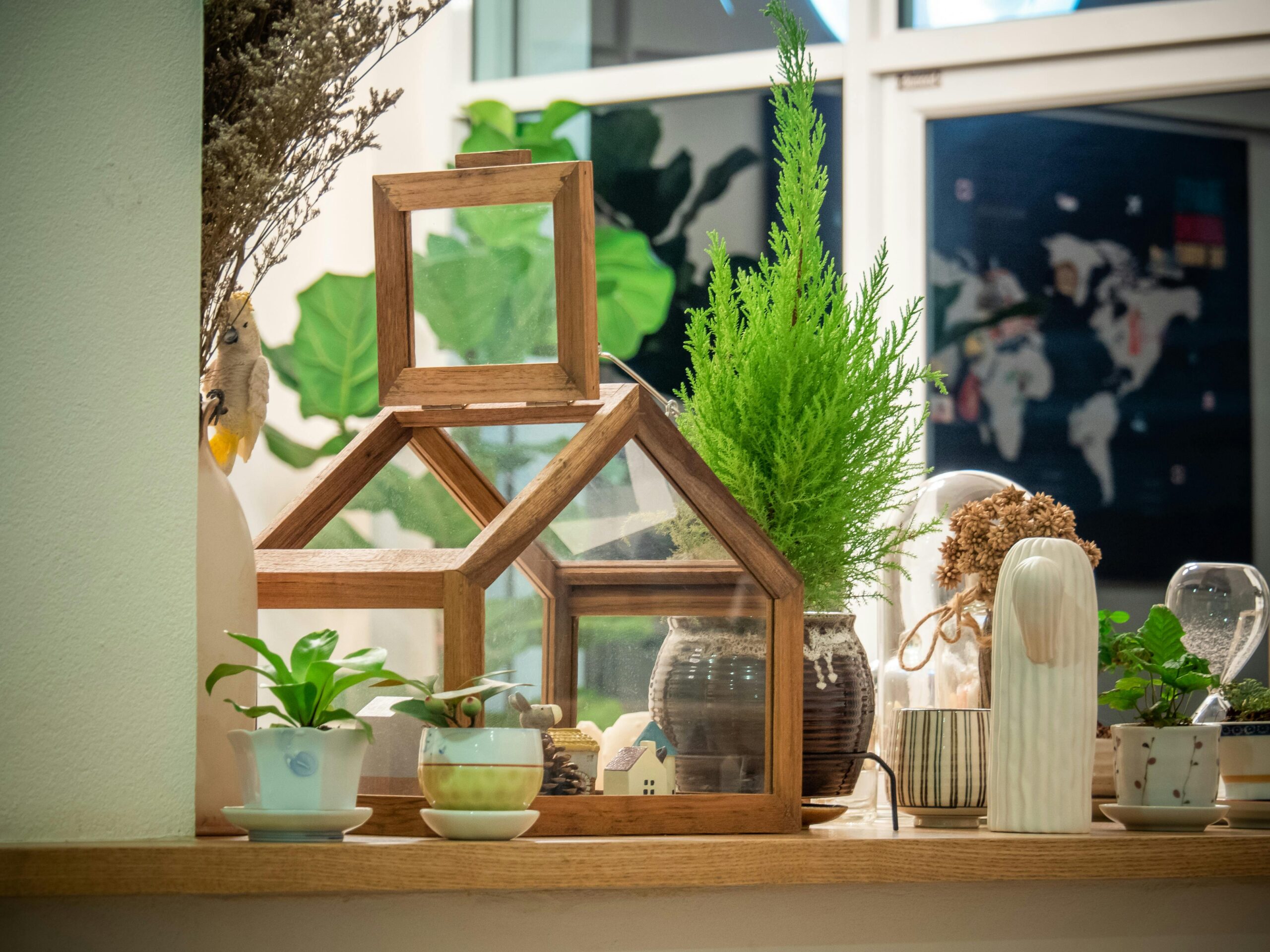 Cozy interior setting featuring wooden decor, table plants, and houseplants by a window.